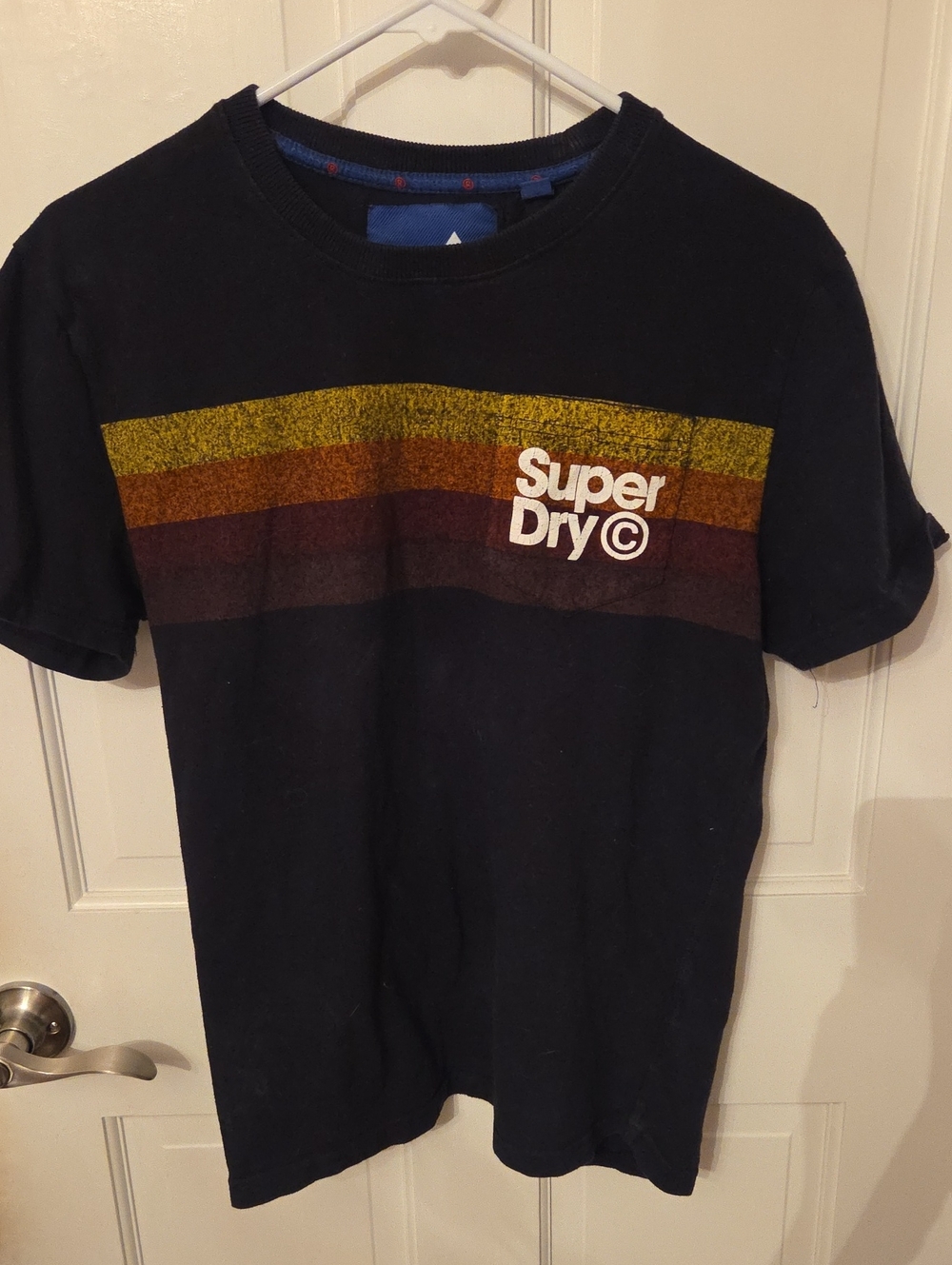 Superdry Black Short Sleeve Tee with Yellow, Orange & Brown Stripes